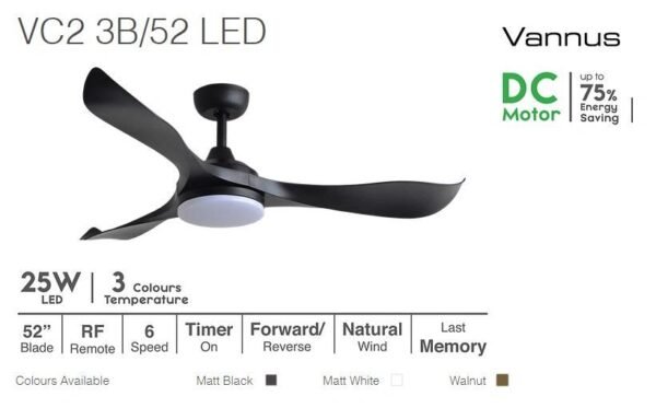 ALPHA Vannus - VC2 LED 3B 52 Inch DC Motor Ceiling Fan with 3 Blades (6 Speed Remote)